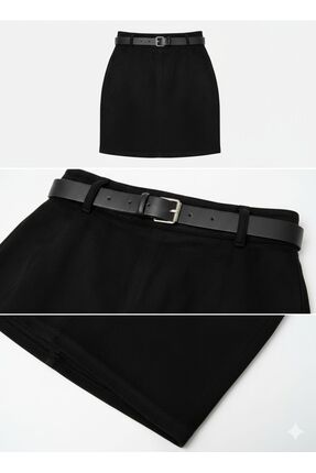 ESSELİNA.CO Nubuk Kumaş Kemerli Mini Siyah Skuba Etek