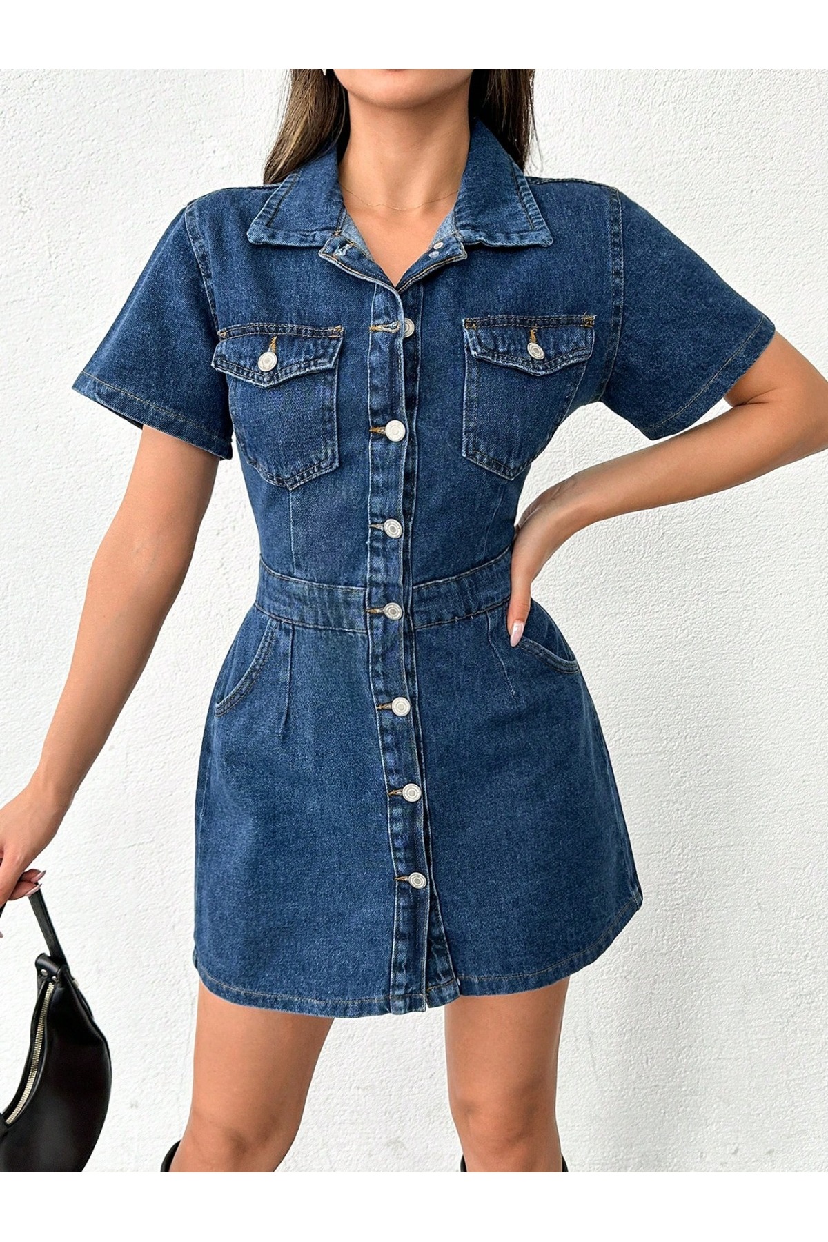 KENE JEANS  ÖN ARKA PENSLİ DÜĞME KAPAMALI LACİVERT ELBİSE - Görsel 4