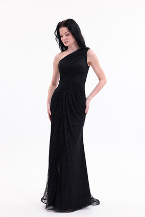 BDM Exclusive Dantel Drape Detaylı Tek Omuz Yırtmaçlı Premium Abiye Elbise