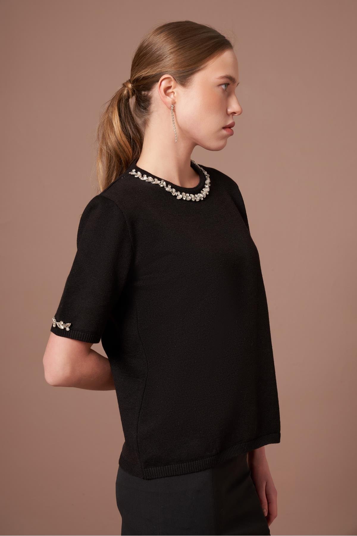 FTZ WOMEN  Kadın Strass Taş Detaylı Kazak Siyah 20893 - Görsel 3