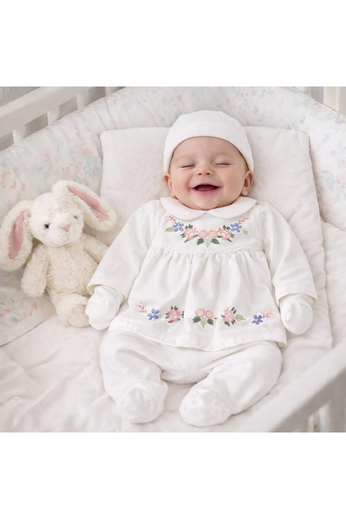 BYS BABY FASHION 5 Parça %100 Pamuk Çiçek İşlemeli Yenidoğan Kız Bebek Hastane Çıkış Seti (Kutulu) 0-3 ay fotoğrafı 4 (önizleme)