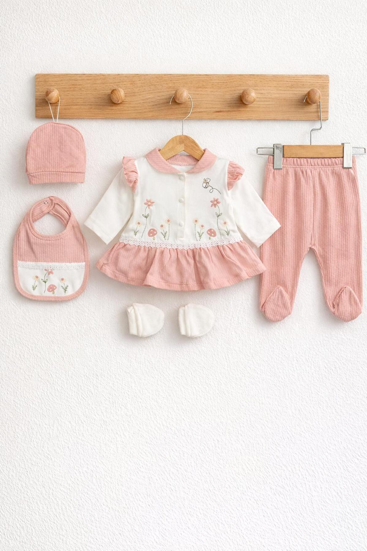 BYS BABY FASHION 5 Parça %100 Pamuk Çiçek ve Mantar İşlemeli Yenidoğan Kız Bebek Hastane Çıkış Seti (Kutulu) 0-3 ay fotoğrafı 2 (önizleme)