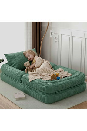 foamly Trend Yeşil Fitilli Kadife Modüler Çocuk Oyun Minderi Ve Yatağı Tamame...
