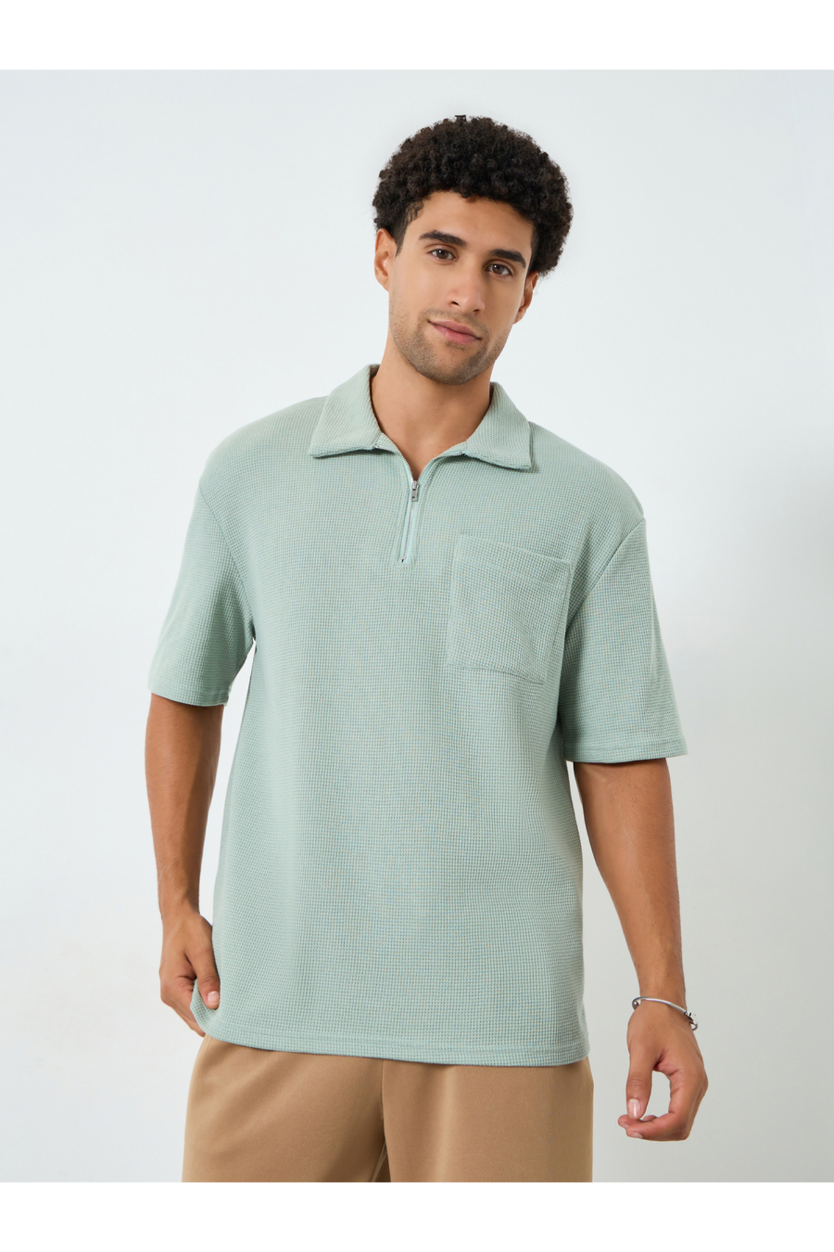 Styli Men Waffle Knit Quarter Zip Oversized Polo