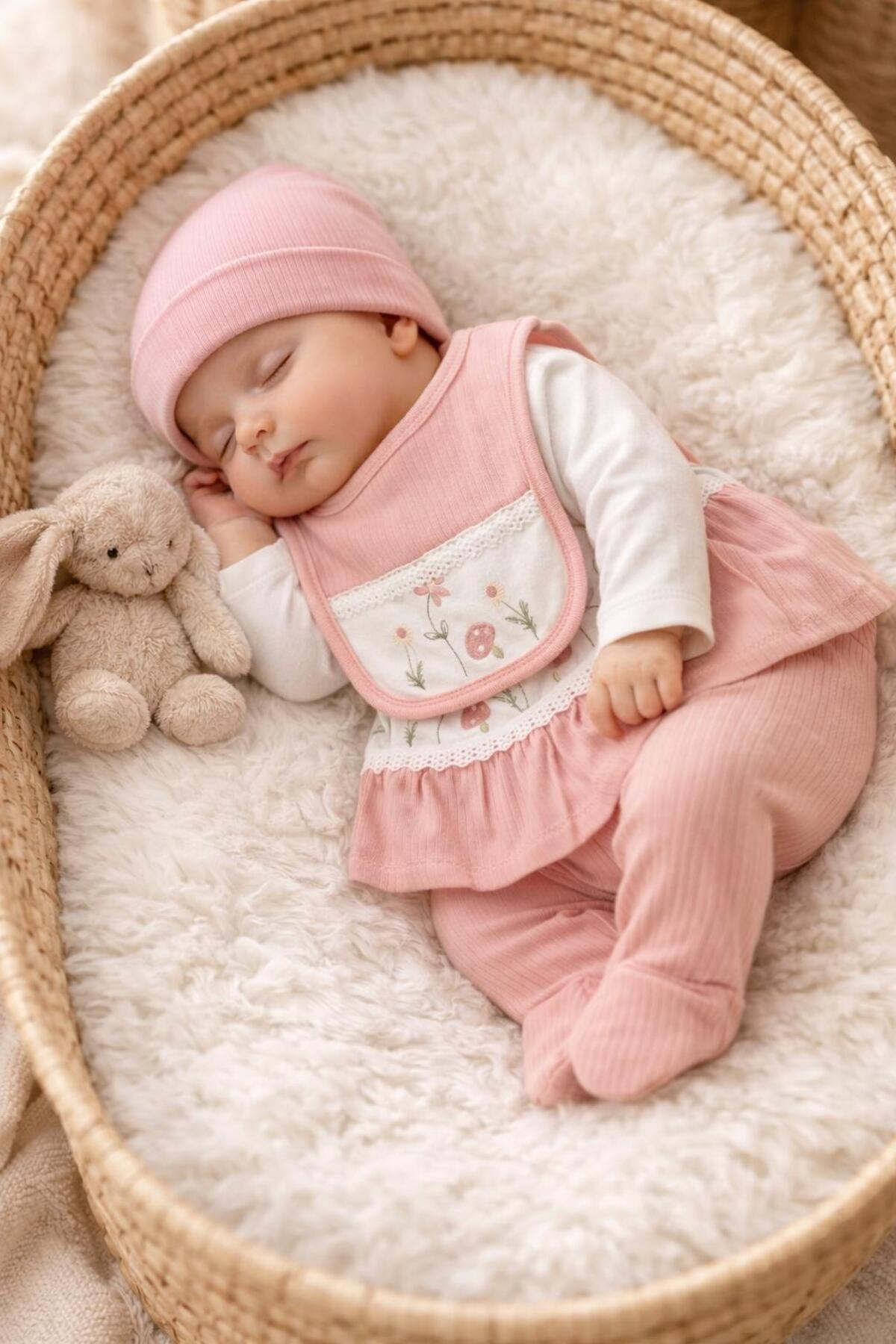 BYS BABY FASHION 5 Parça %100 Pamuk Çiçek ve Mantar İşlemeli Yenidoğan Kız Bebek Hastane Çıkış Seti (Kutulu) 0-3 ay fotoğrafı 6 (önizleme)