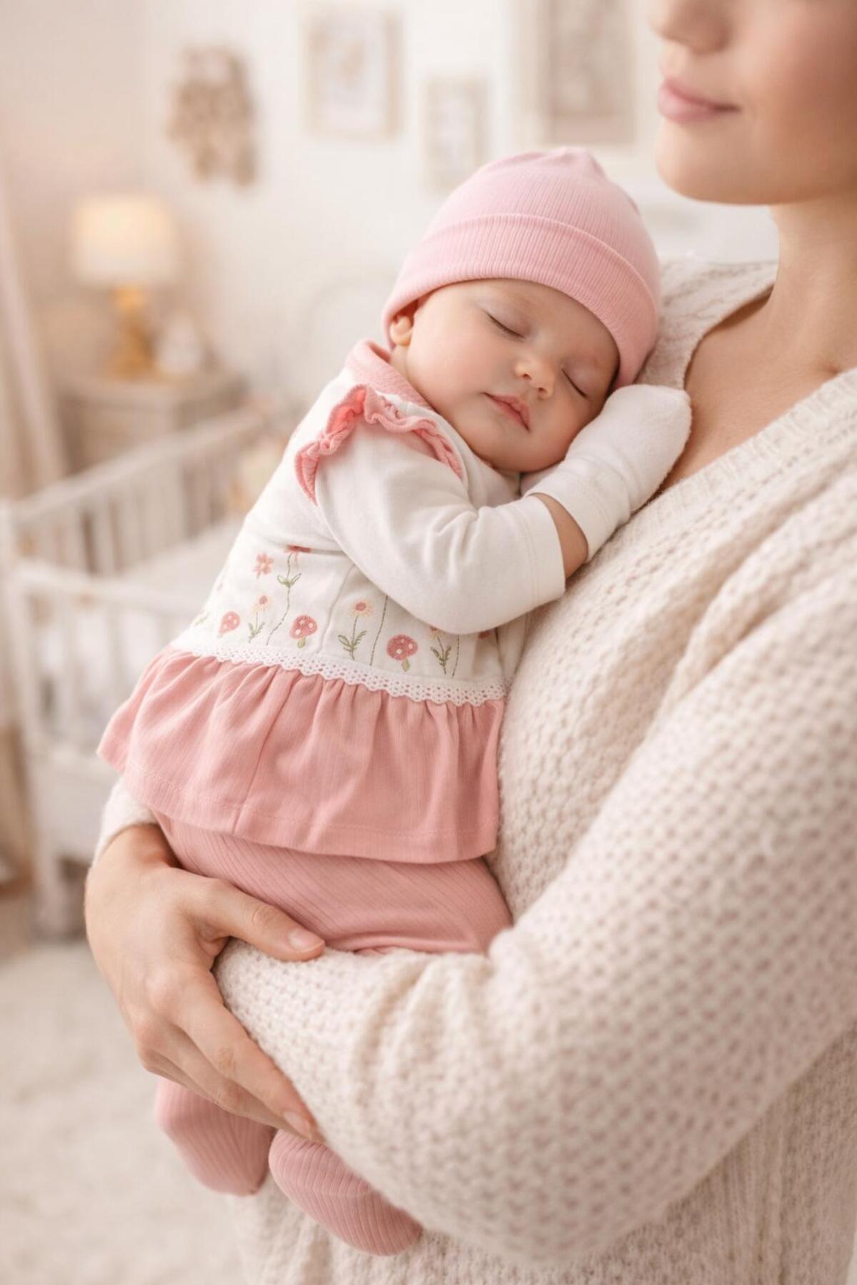 BYS BABY FASHION 5 Parça %100 Pamuk Çiçek ve Mantar İşlemeli Yenidoğan Kız Bebek Hastane Çıkış Seti (Kutulu) 0-3 ay fotoğrafı 3 (önizleme)