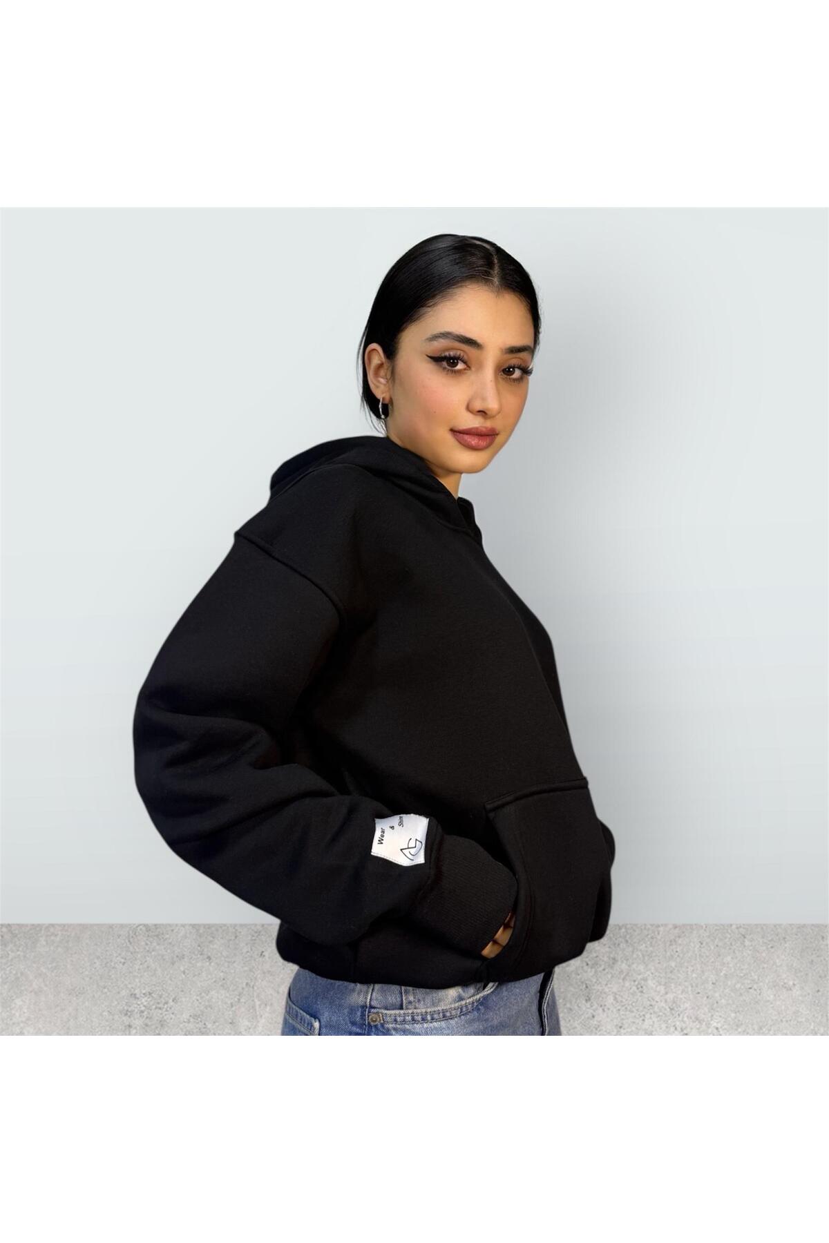 Siyah Parmak Detaylı Oversize İçi Polarlı Sweatshirt — مشکی 0003 — تصویر 2 از 4