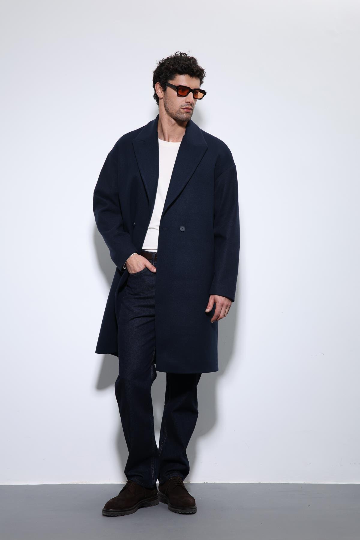 Lacivert Oversize Kruvaze Erkek Kaban — سرمه‌ای A23Y6162 — تصویر 4 از 6