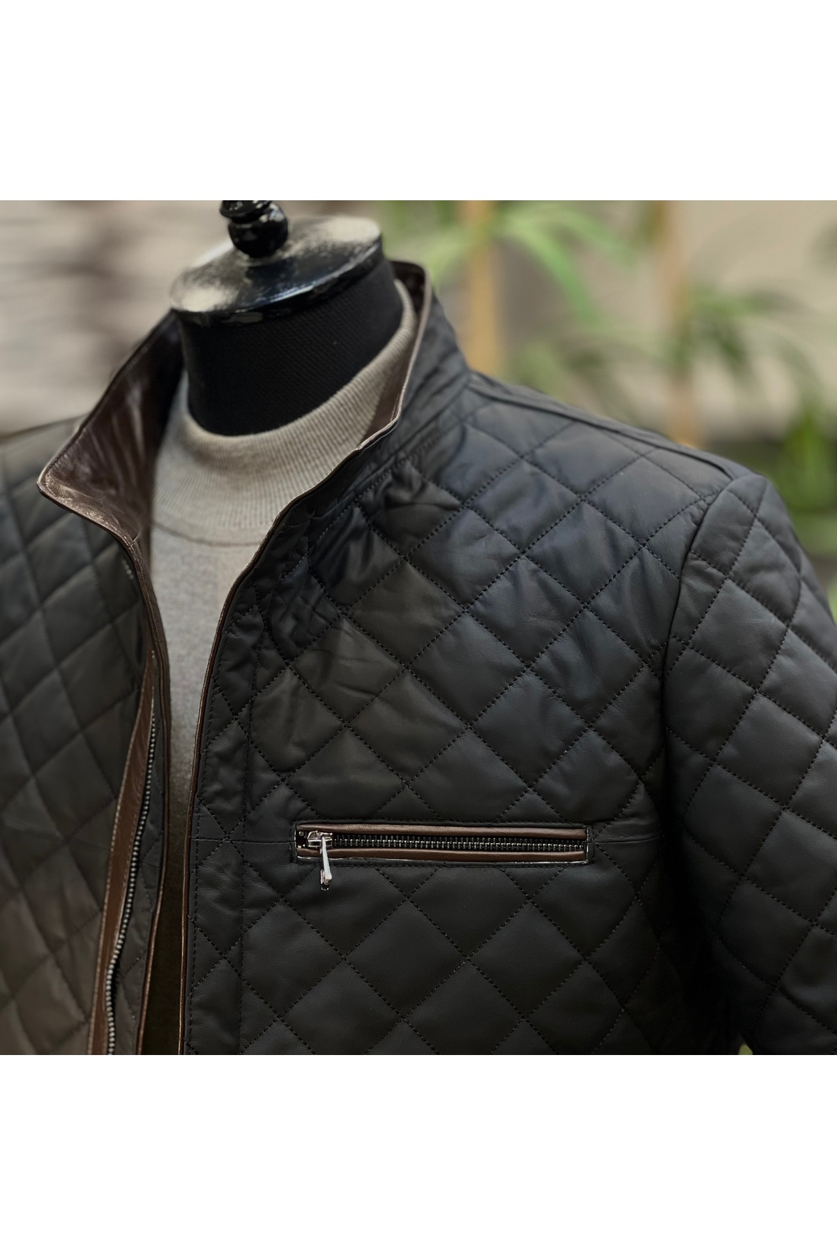 SAVARA  siyah özel üretim yüksek kalite Hakiki deri kapitone baklava desen dik yaka deri mont - Görsel 4