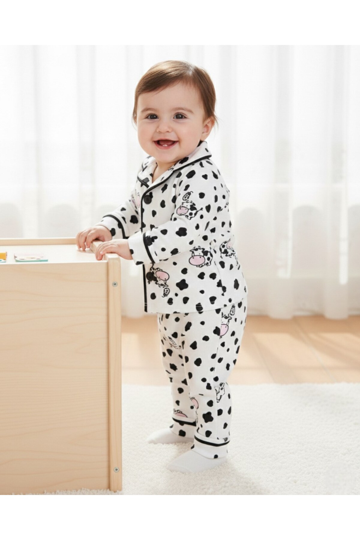 Ege Bebek Unisex Mevsimlik İnek Baskılı Kruvaze Yakalı 6-9-12-18-24 Ay Gecelik Pijama Takımı fotoğrafı 2 (önizleme)