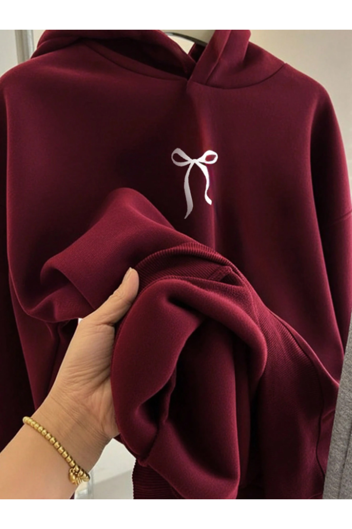 Revasser  Kadın MİNİ KURDELE Renkli Özel Baskılı Pamuklu Oversize Kapüşonlu Sweatshirt - Görsel 2