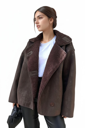 lermona Else Acı Kahve Süet Dokulu İçi Peluş Kürklü Oversize Zr Model Mont Kaban
