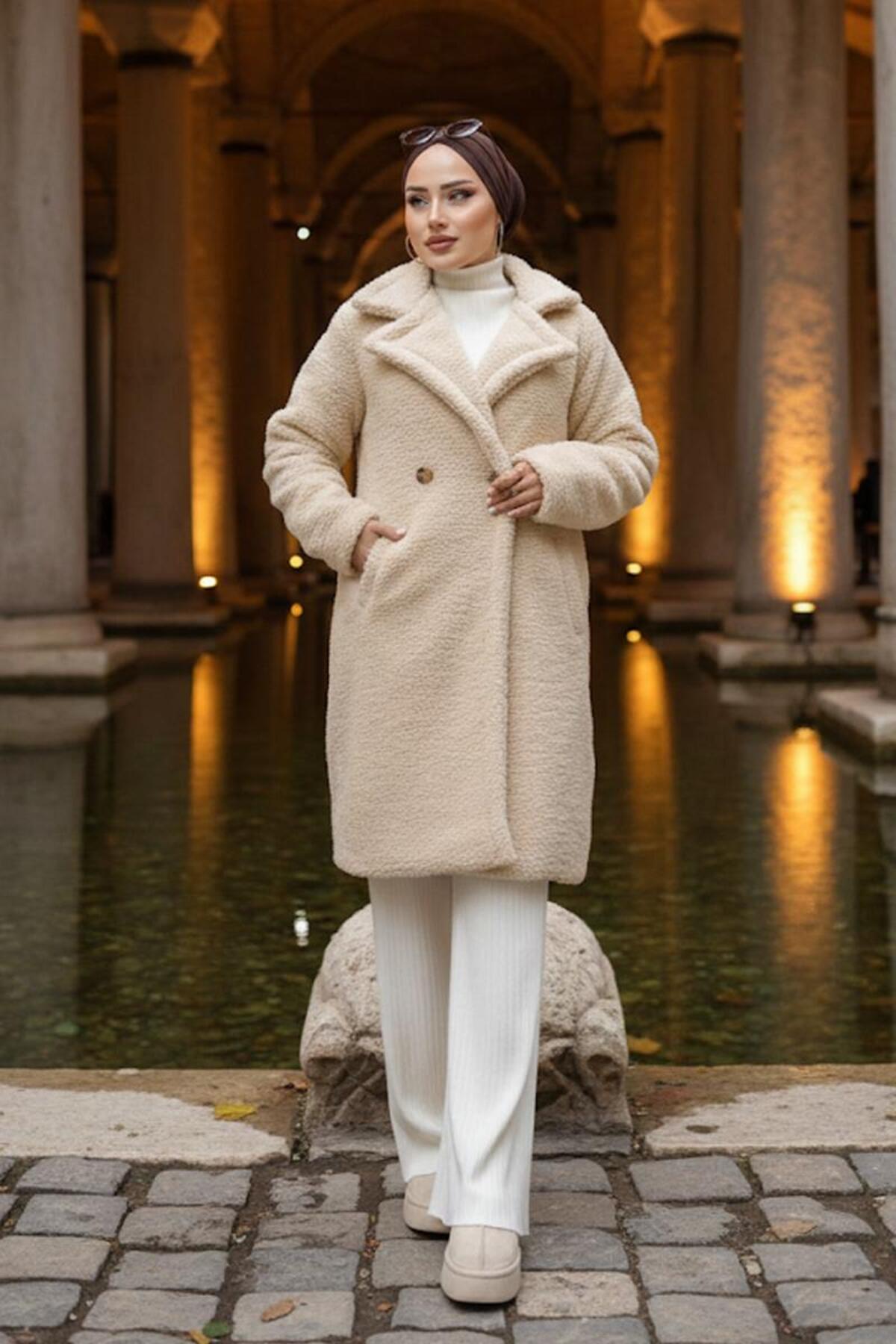 hafsamina  İki Düğmeli Peluş Mont Bej HM262506 - Görsel 4