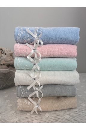 Fabera Home Kadife 6’lı Avantajlı El Havlusu Seti Dantelli Kurdeleli Taşlı