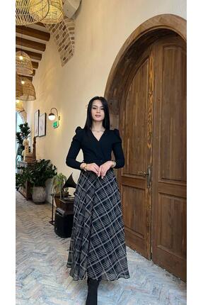 Moda Palmiss Kadın Siyah Ekose Desenli V Yaka Uzun Kollu Kruvaze Kesim Uzun E...