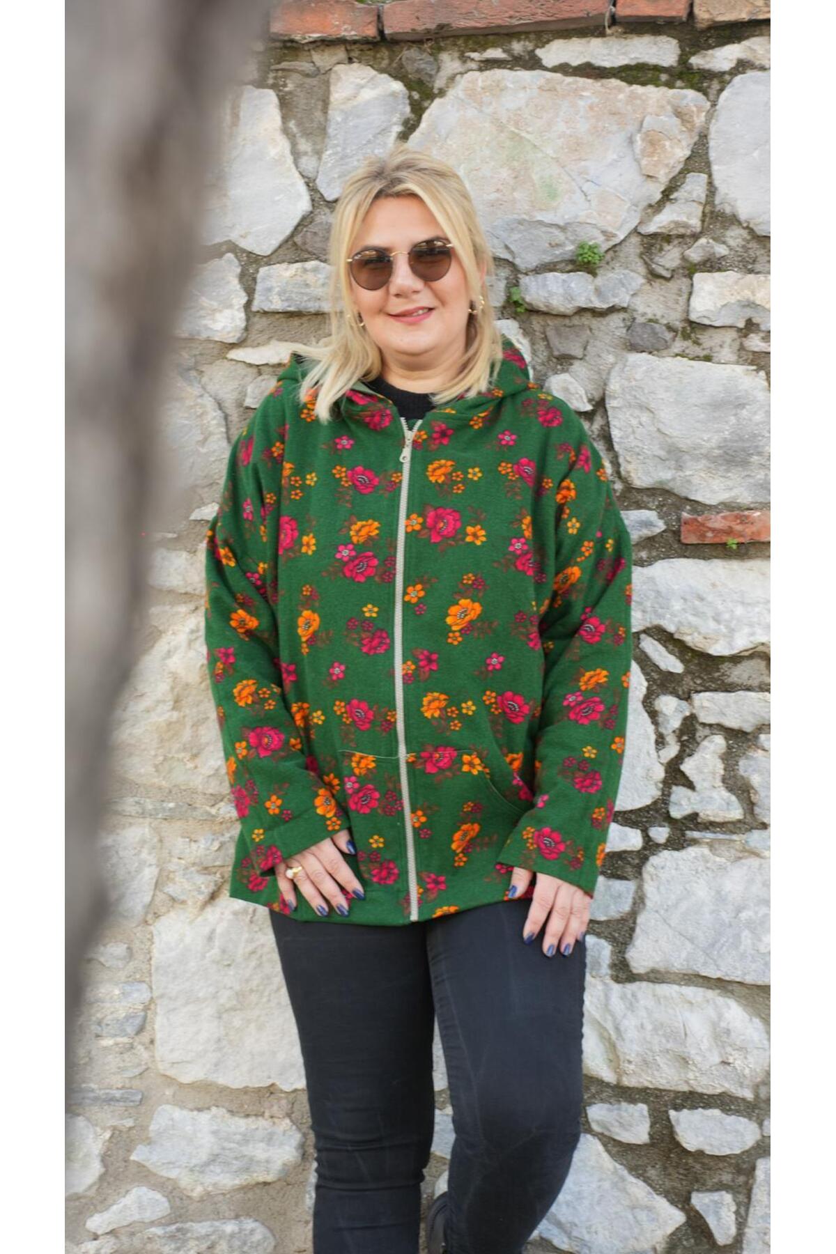 BE ATÖLYE BUTİK Kapşonlu Yeşil Çiçek Desenli Pazen Ceket Hoodie görsel 2
