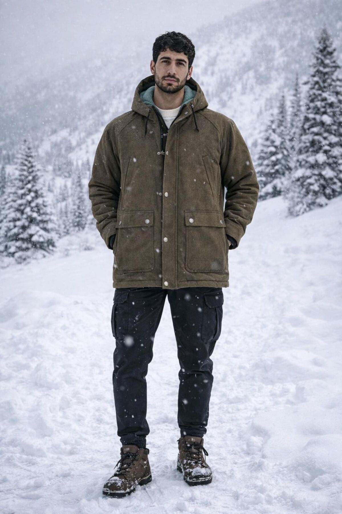 ayza butik  Erkek Haki Kapüşonlu Kürk Astarlı Su Geçirmez Kaplamalı Kalın Kaban