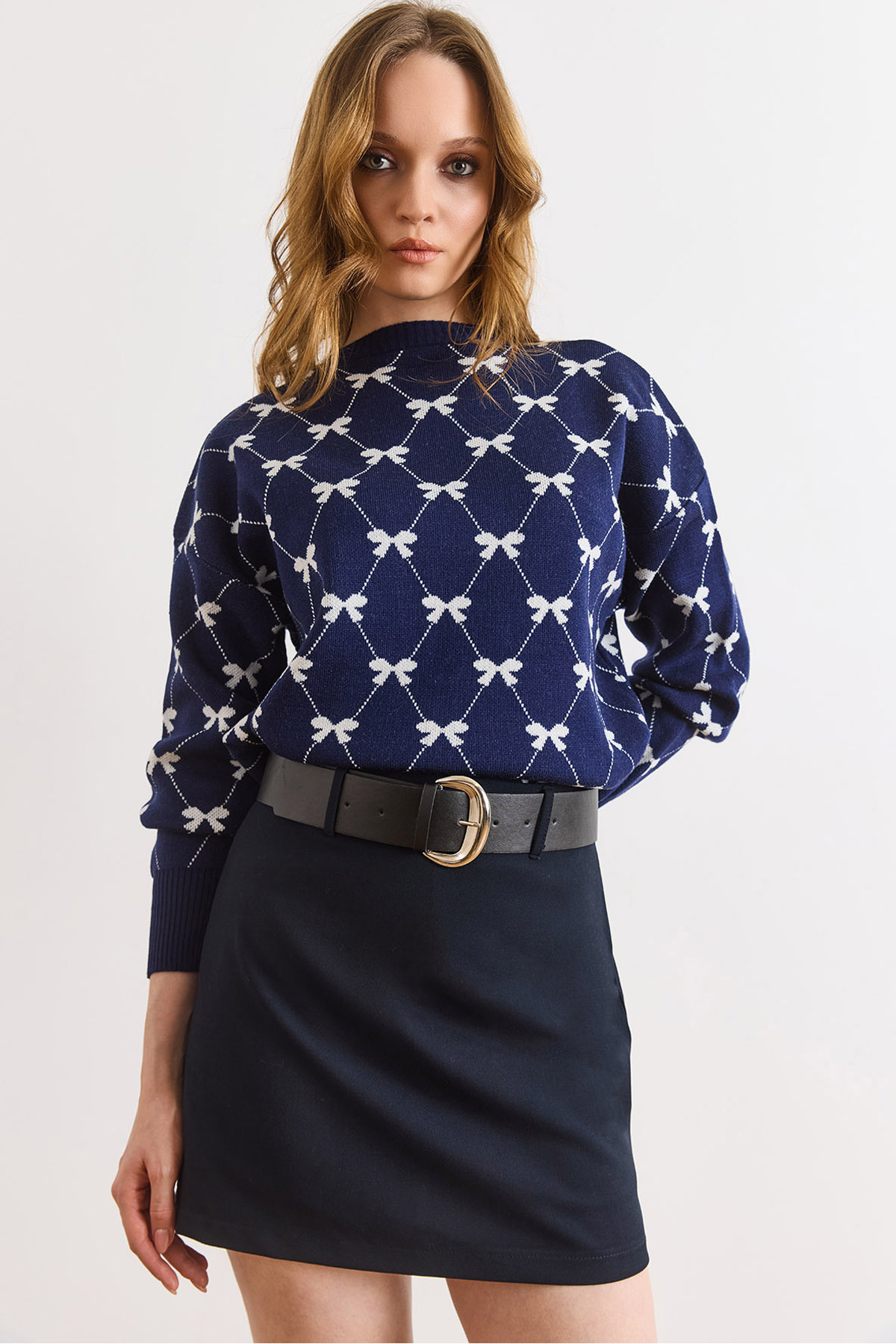 Women's Navy Blue Belt Detailed Mini Skirt with Shorts ETK-19000364