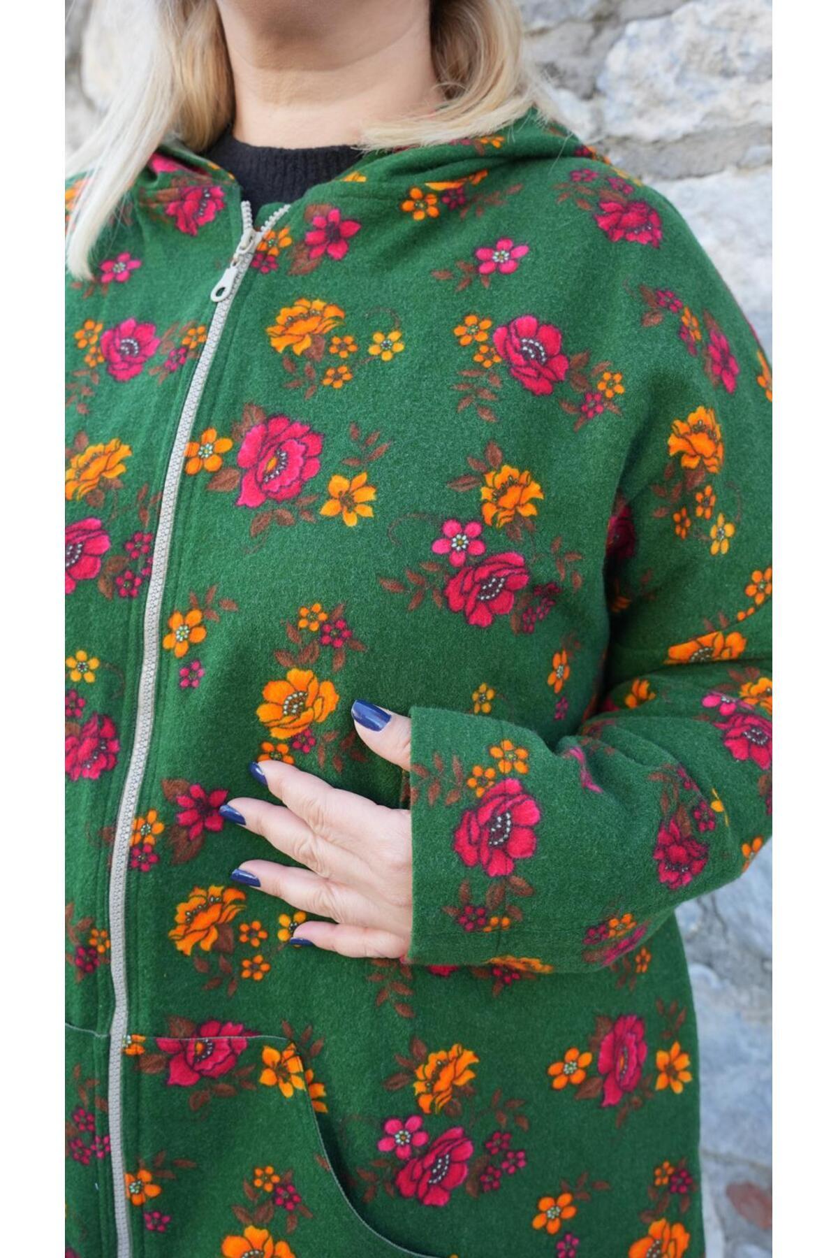 BE ATÖLYE BUTİK Kapşonlu Yeşil Çiçek Desenli Pazen Ceket Hoodie görsel 3