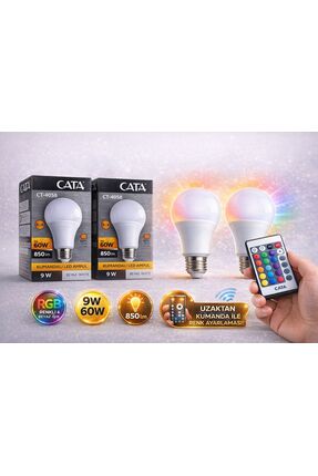 Cata RGB LED Ampul Kumandalı 9W (60W) | Renkli + Beyaz Işık | E27 Duy | 850 L...