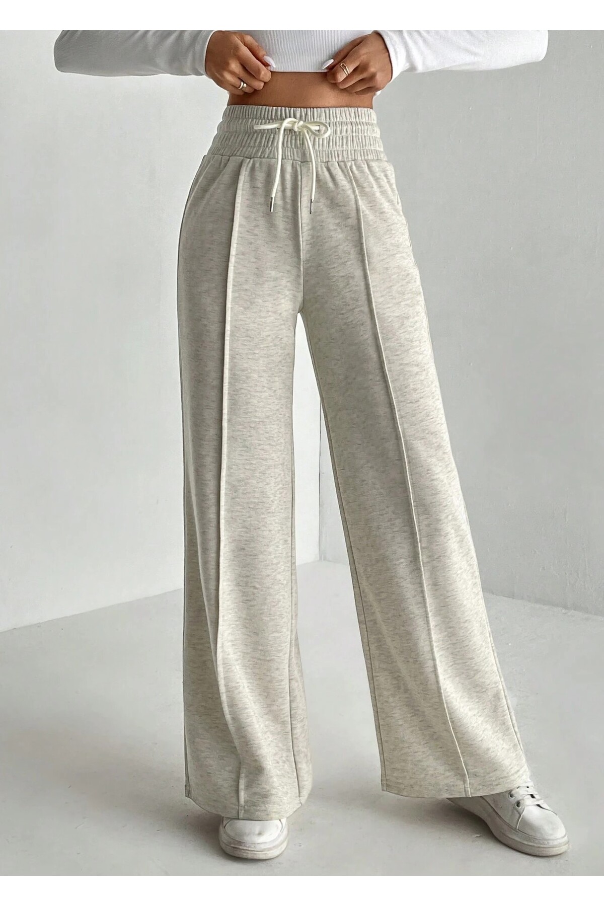 Sun Victoria Ženske sive trenerke sa Visok struk pruga i Široke nogavice pruga