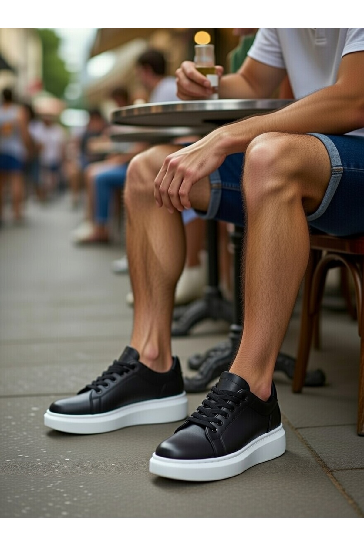 Erkek Siyah Beyaz Günlük Bağcıklı Spor Ayakkabı Yüksek Kalın Taban Rahat Konforlu Tarz Sneaker — مشکی VELBOA547 — تصویر 4 از 6