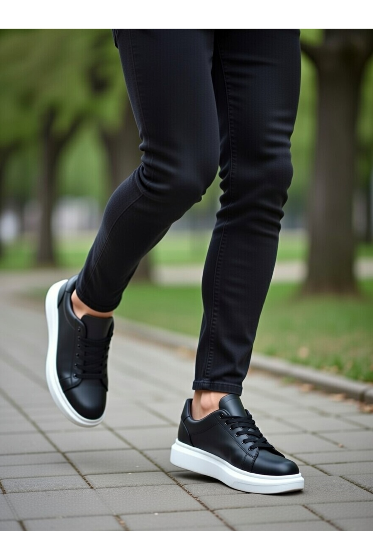 Erkek Siyah Beyaz Günlük Bağcıklı Spor Ayakkabı Yüksek Kalın Taban Rahat Konforlu Tarz Sneaker — مشکی VELBOA547 — تصویر 5 از 6