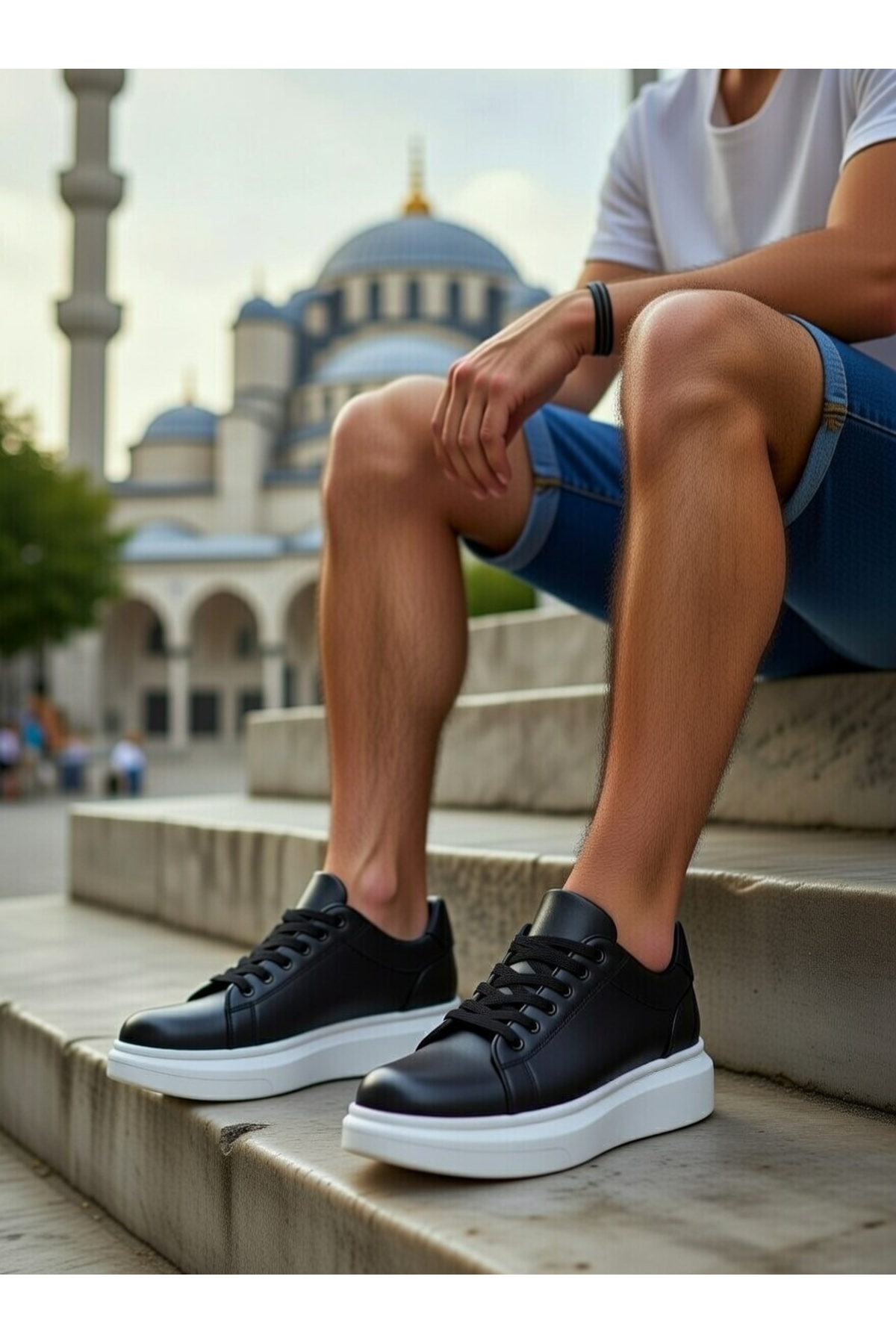 Erkek Siyah Beyaz Günlük Bağcıklı Spor Ayakkabı Yüksek Kalın Taban Rahat Konforlu Tarz Sneaker — مشکی VELBOA547 — تصویر 2 از 6