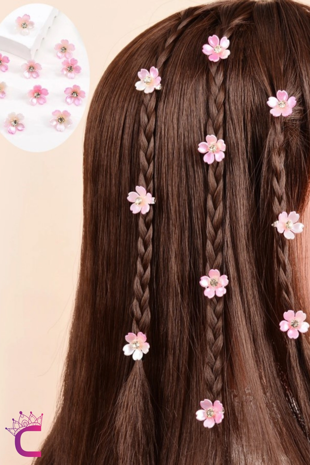 10pcs Baby Pink Flower Gemstone Snap Clip Braid Hair Ornament - Kids Decoration Buckle Earrings Metal