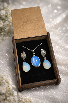 Pel Design Opal Taşlı Çelik Aksesuar Seti Küpe / Kolye El Yapımı 316L Çelik G...