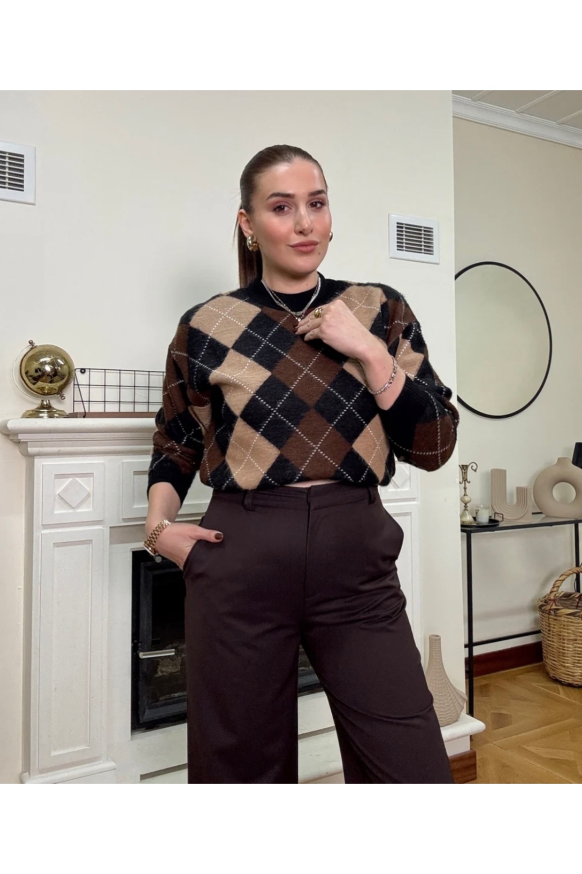 Dilasu Triko  Şerit detaylı Küçük Baklava desenli kazak Siyah - Görsel 2