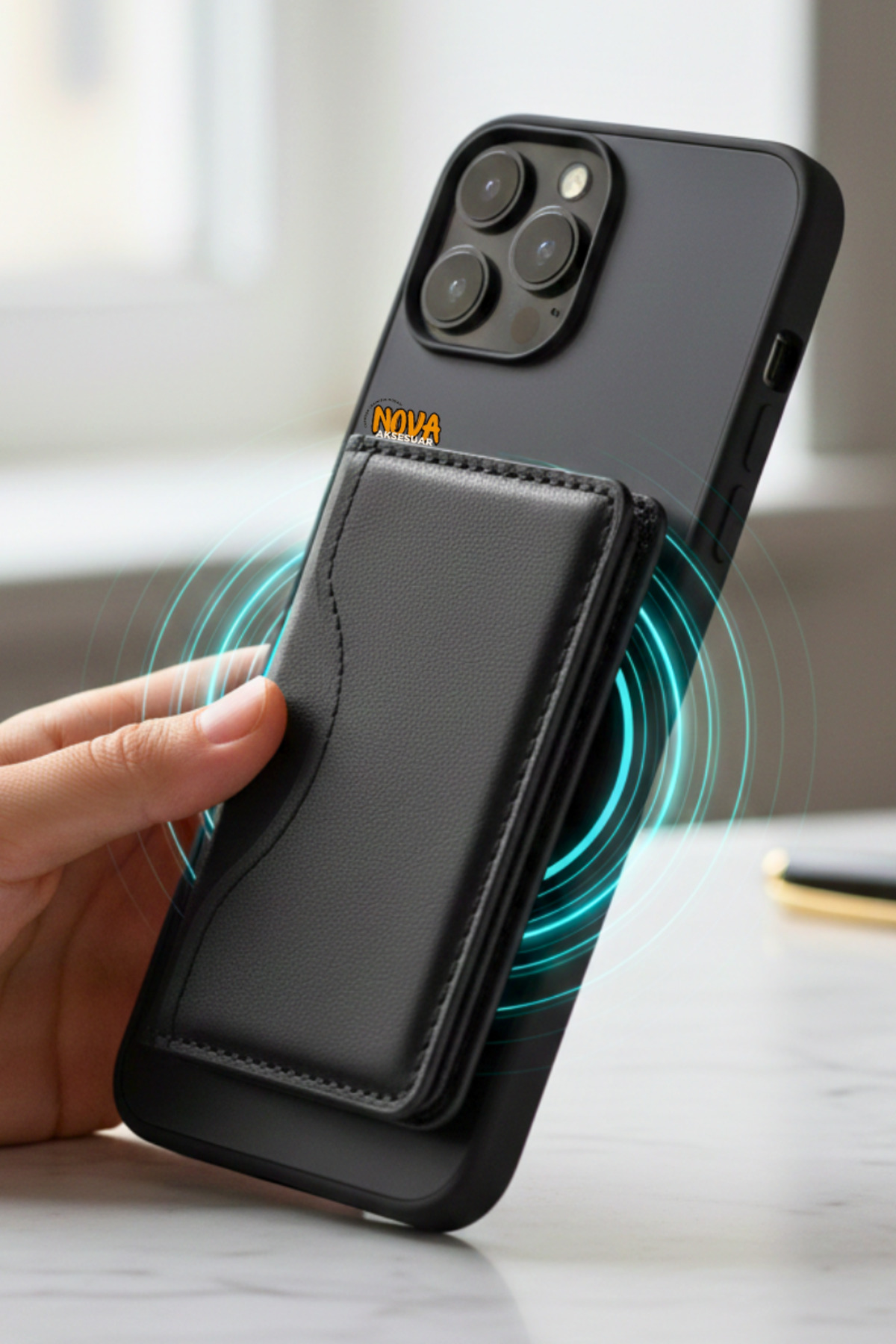 cepmoda  iPhone "12-13-14-15-16-17 Plus/Pro/Max" Uyumlu - Magsafe Premium Deri Kartlık Cüzdan Stand - SİYAH - Görsel 4