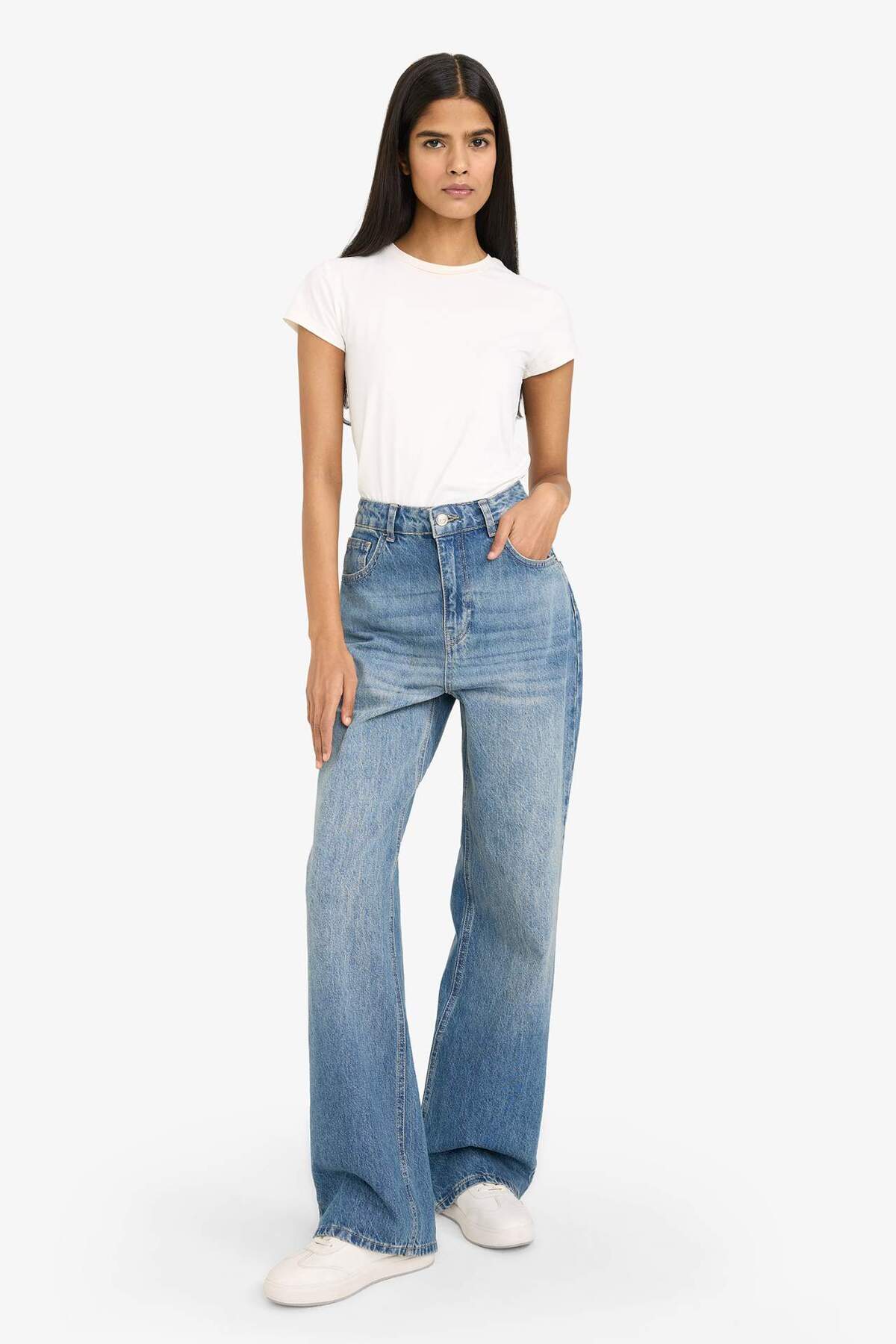 Defacto  90s Wide Leg Yüksek Bel Uzun Jean Yıkamalı Pantolon G8019AX26SP