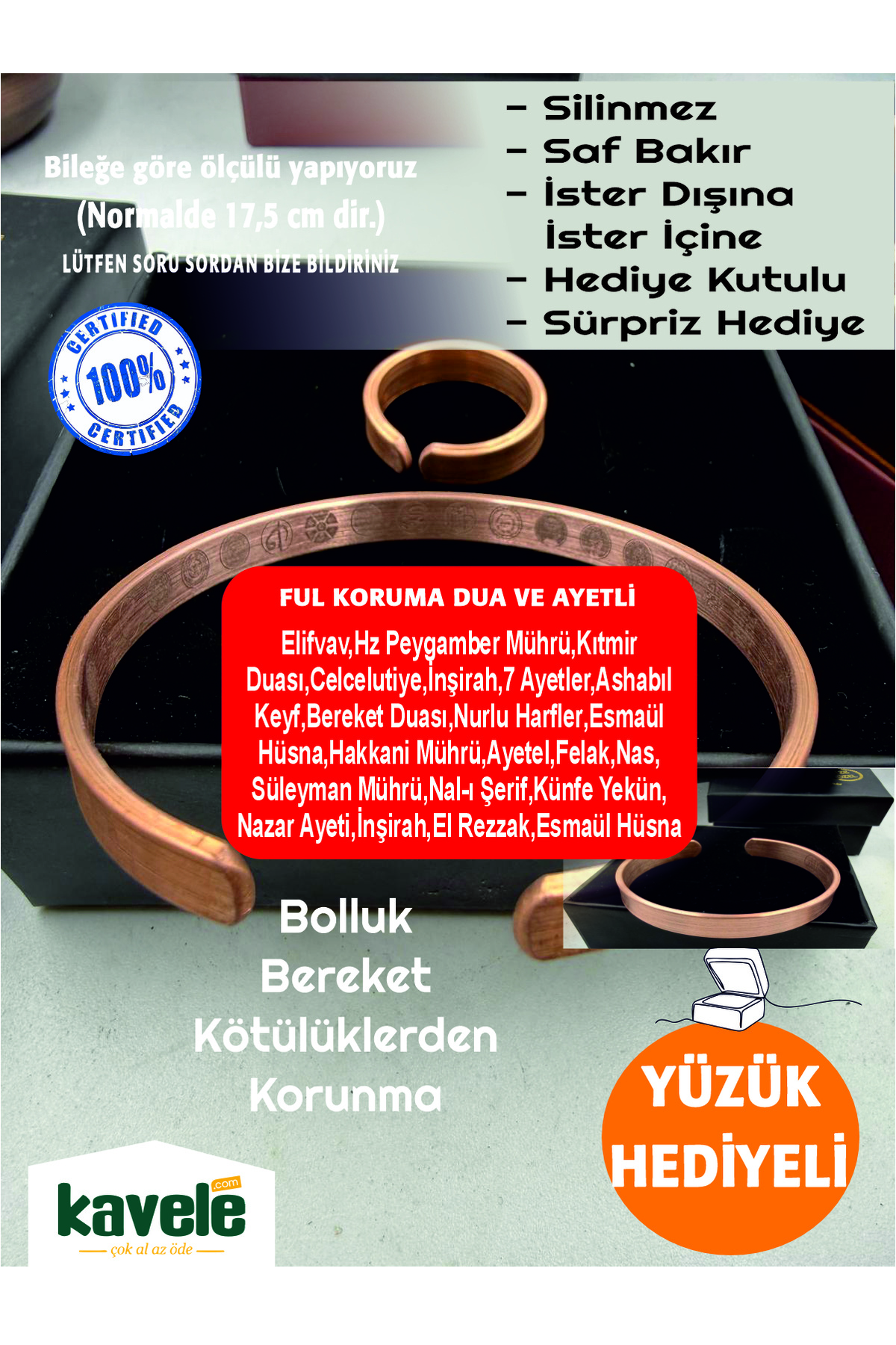 Ham saf Bakır Zarif Dışı Düz İçi Fulkoruma Zırhlı bakır bileklik-Hediyelik Kutuda