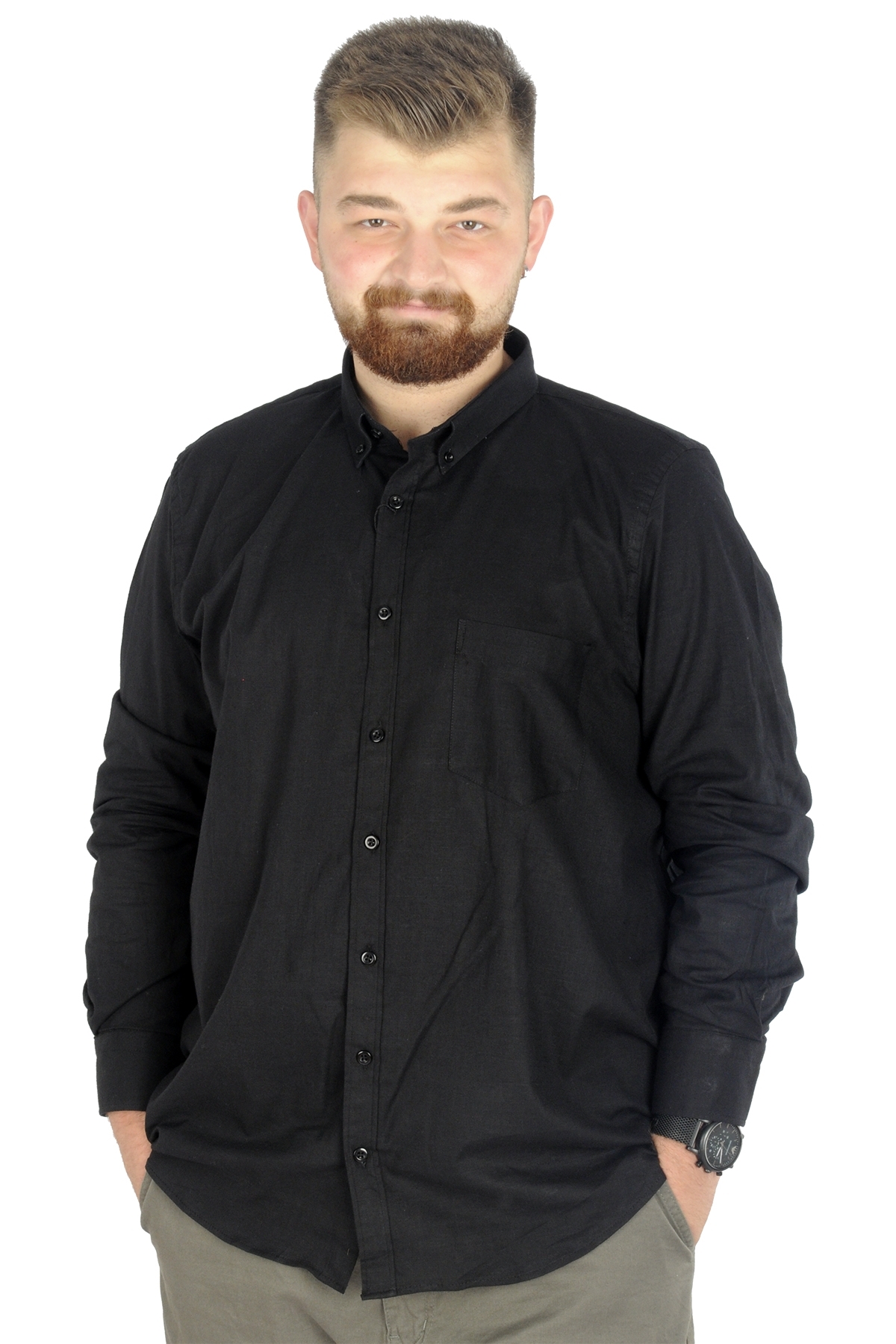 ModeXL Mode XL Büyük Beden Erkek Keten Cepli Gömlek 20386 Siyah