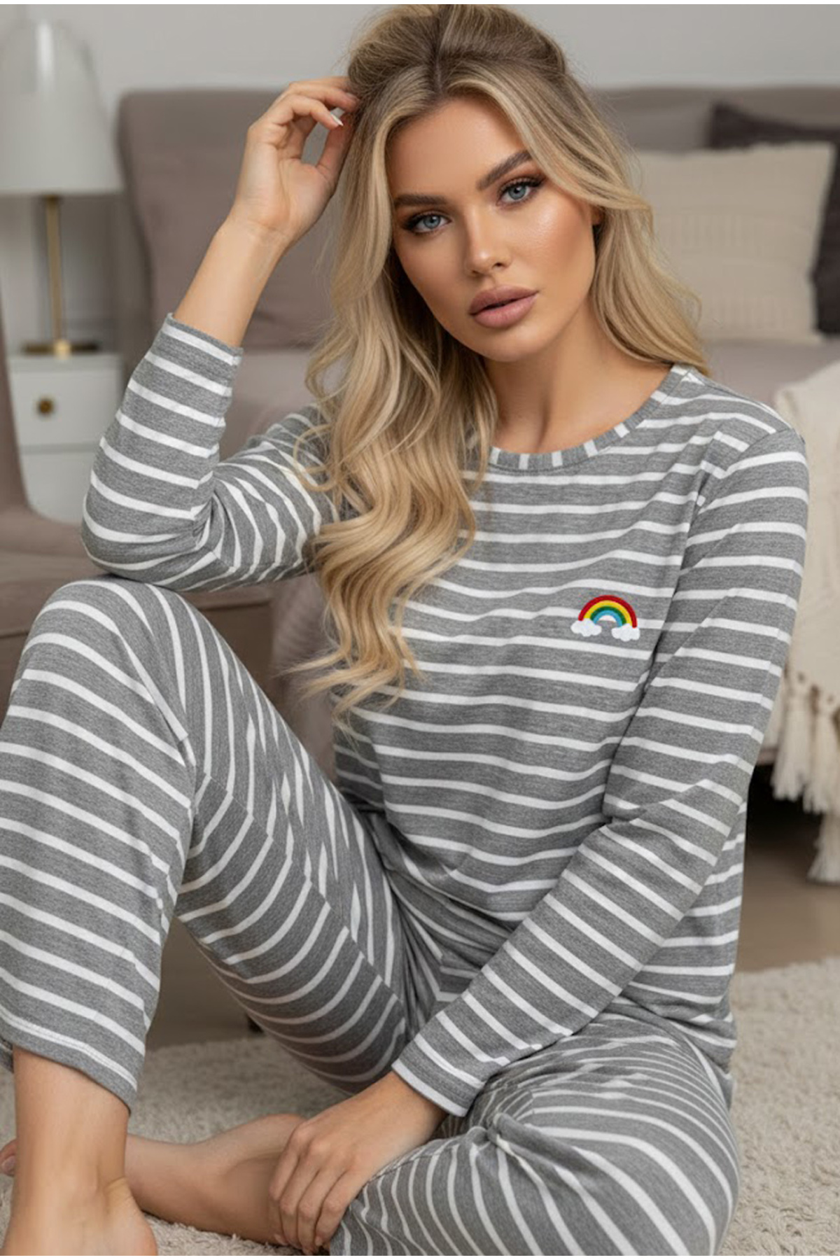 Siyah İnci γκρι λευκό μοτίβο ουράνιο τόξο με τύπωμα Σετ πιτζάμες πλεκτό βισκό...