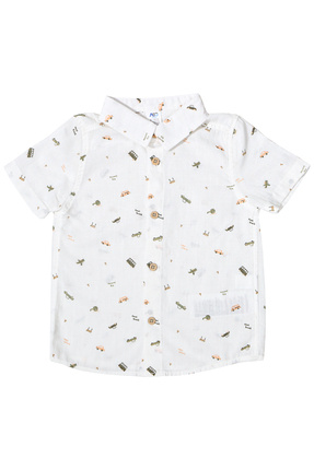 CALEMORE Beyaz Renk Araba Desenli Kısa Kollu Erkek Bebek Gömlek