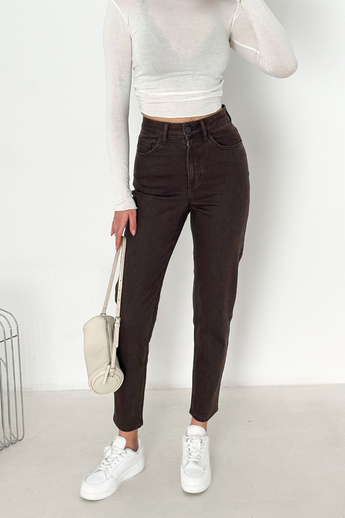 HLT JEANS  Kahverengi Kadın Likralı Mom Jean Yüksek Bel Esnek Kot Pantolon ANNA-2074 - Görsel 4