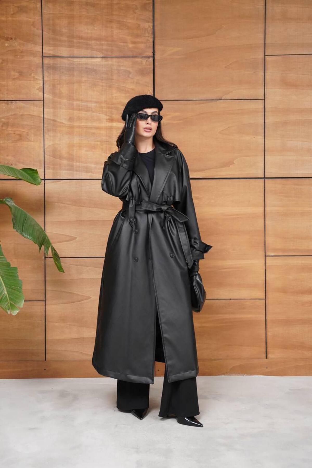 Ekim Store  Kol Düğmeli Astarlı Uzun Deri Kaban - Görsel 4