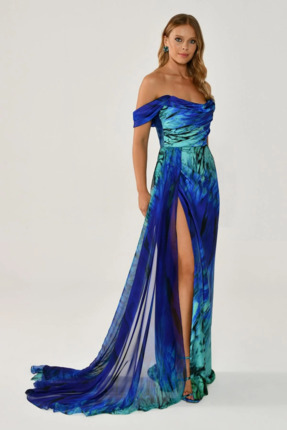 ALFABETA Kadın Düşük Omuz Önden Yırtmaçlı Desenli Saten Uzun Abiye Elbise