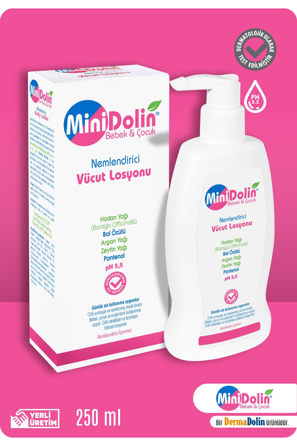 Dermadolin MiniDolin 250 ml Bebek Nemlendirici Vücut Losyonu ve BePed Bebek Temizleme Pamuğu 60'lı fotoğrafı 2 (önizleme)