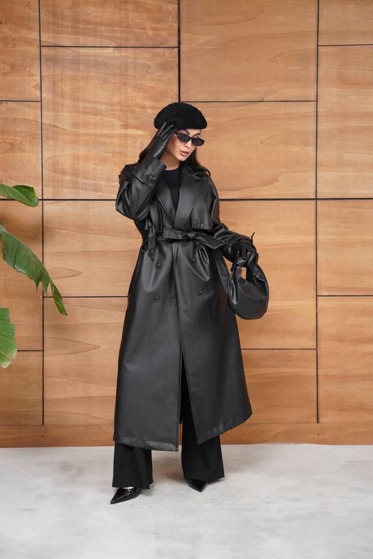 Ekim Store  Kol Düğmeli Astarlı Uzun Deri Kaban - Görsel 5