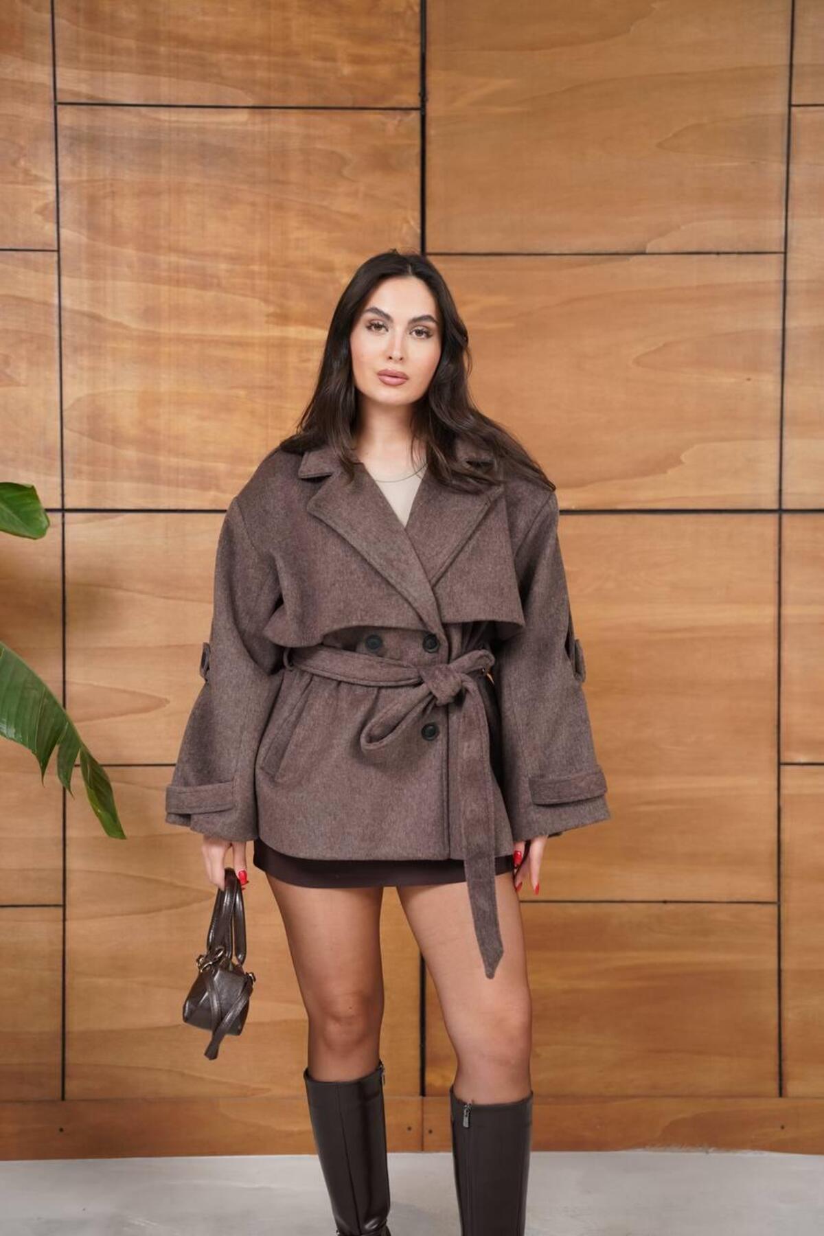 Ekim Store Kaşe Kruvaze Kuşaklı Trençkot
