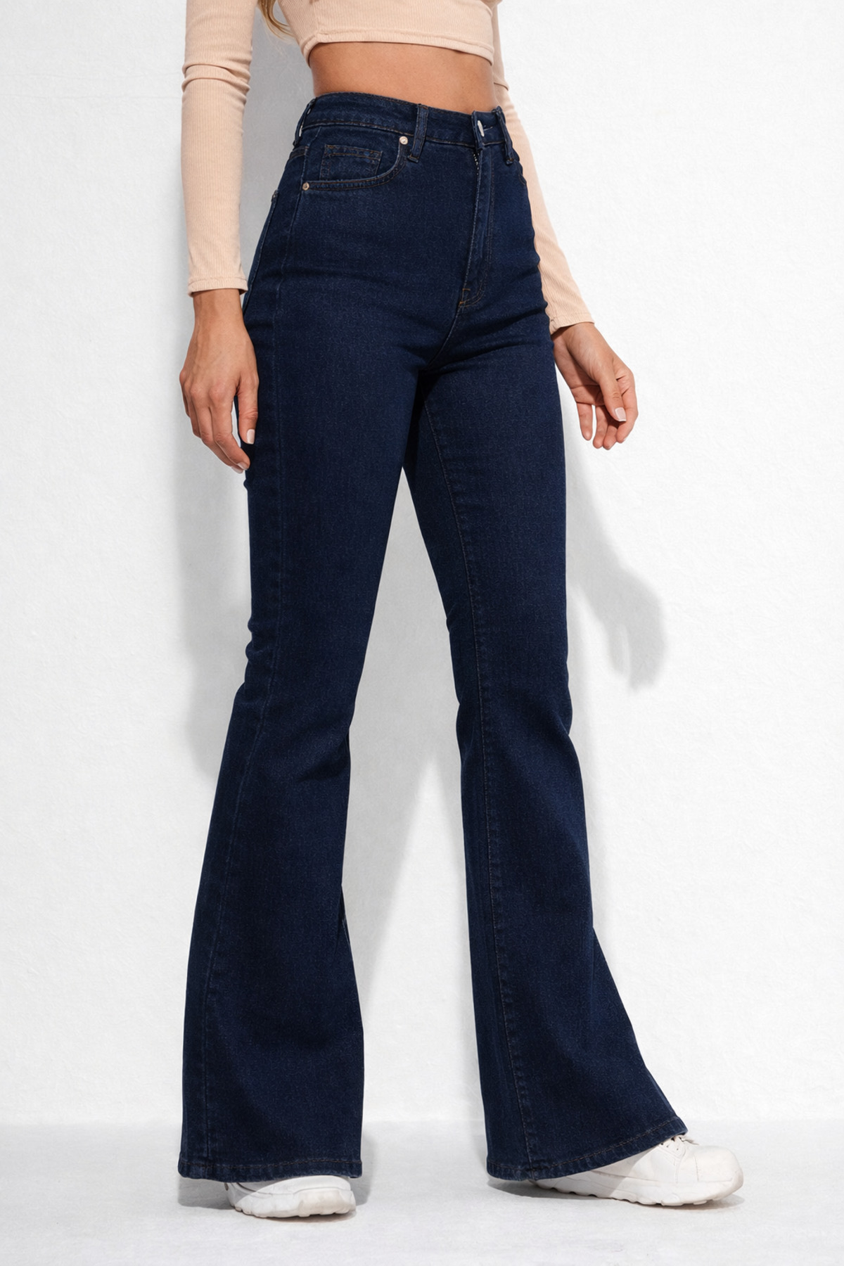 By Caspita Fashion  Kadın Yüksek Bel Power Likra Ultra Esnek Toparlayıcı Lacivert İspanyol Paça Jean - Görsel 4
