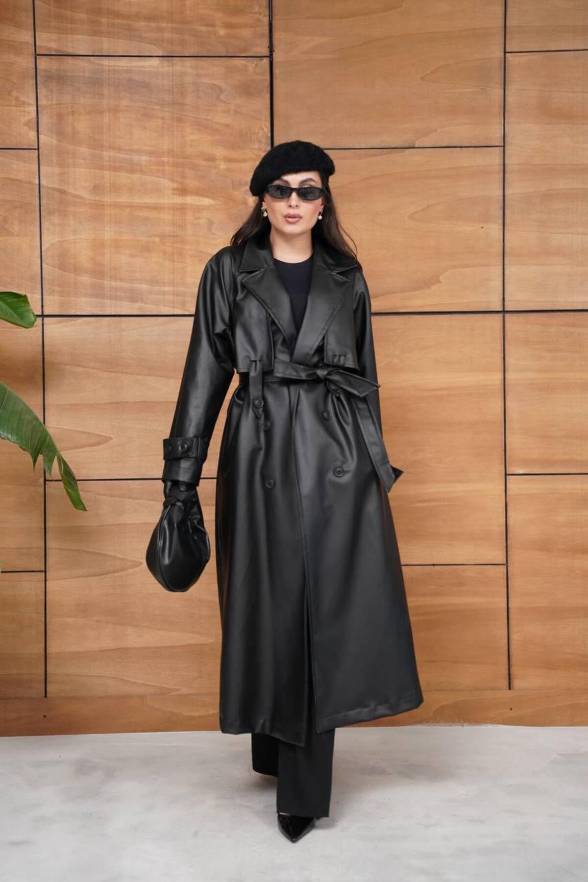 Ekim Store  Kol Düğmeli Astarlı Uzun Deri Kaban