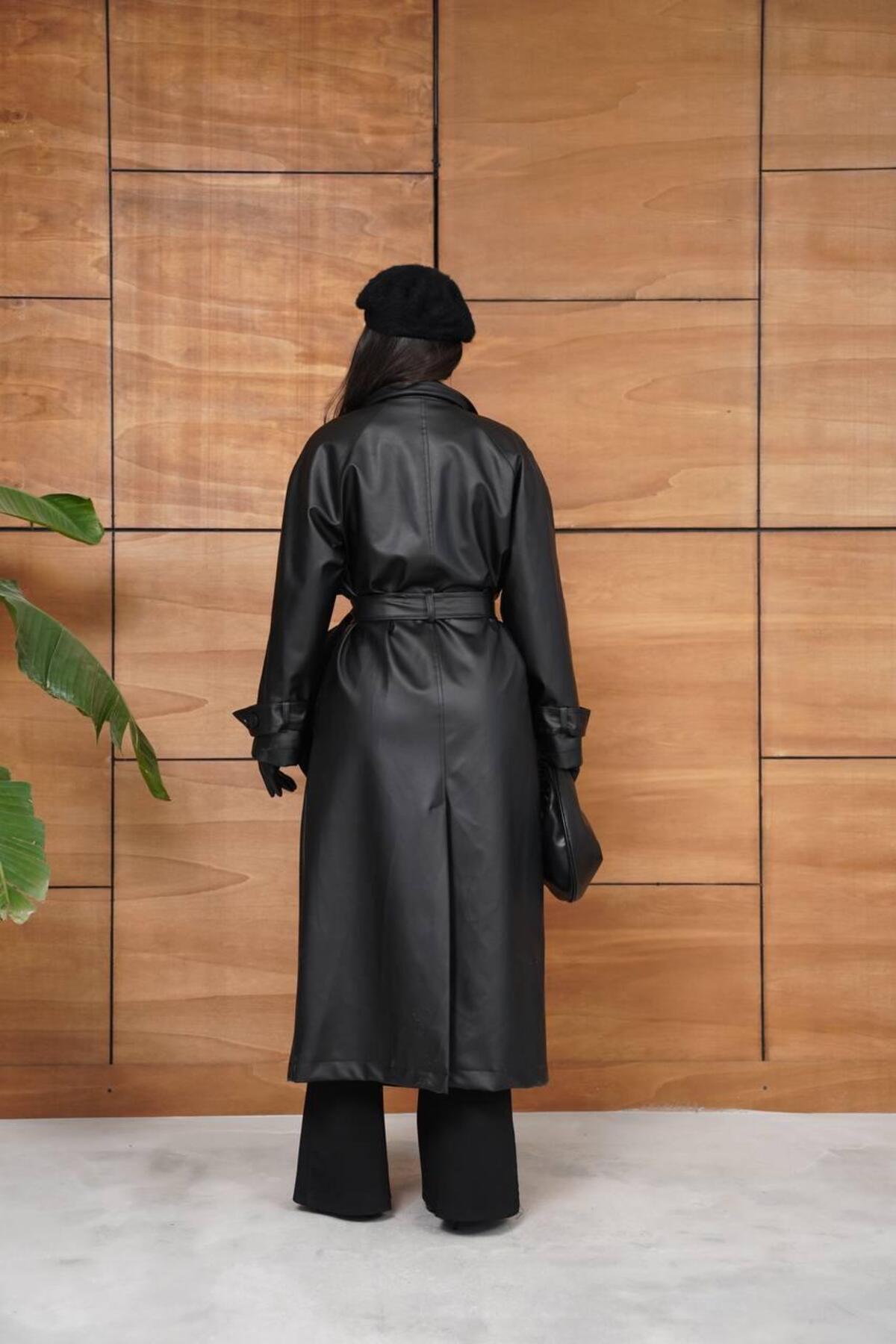 Ekim Store  Kol Düğmeli Astarlı Uzun Deri Kaban - Görsel 6