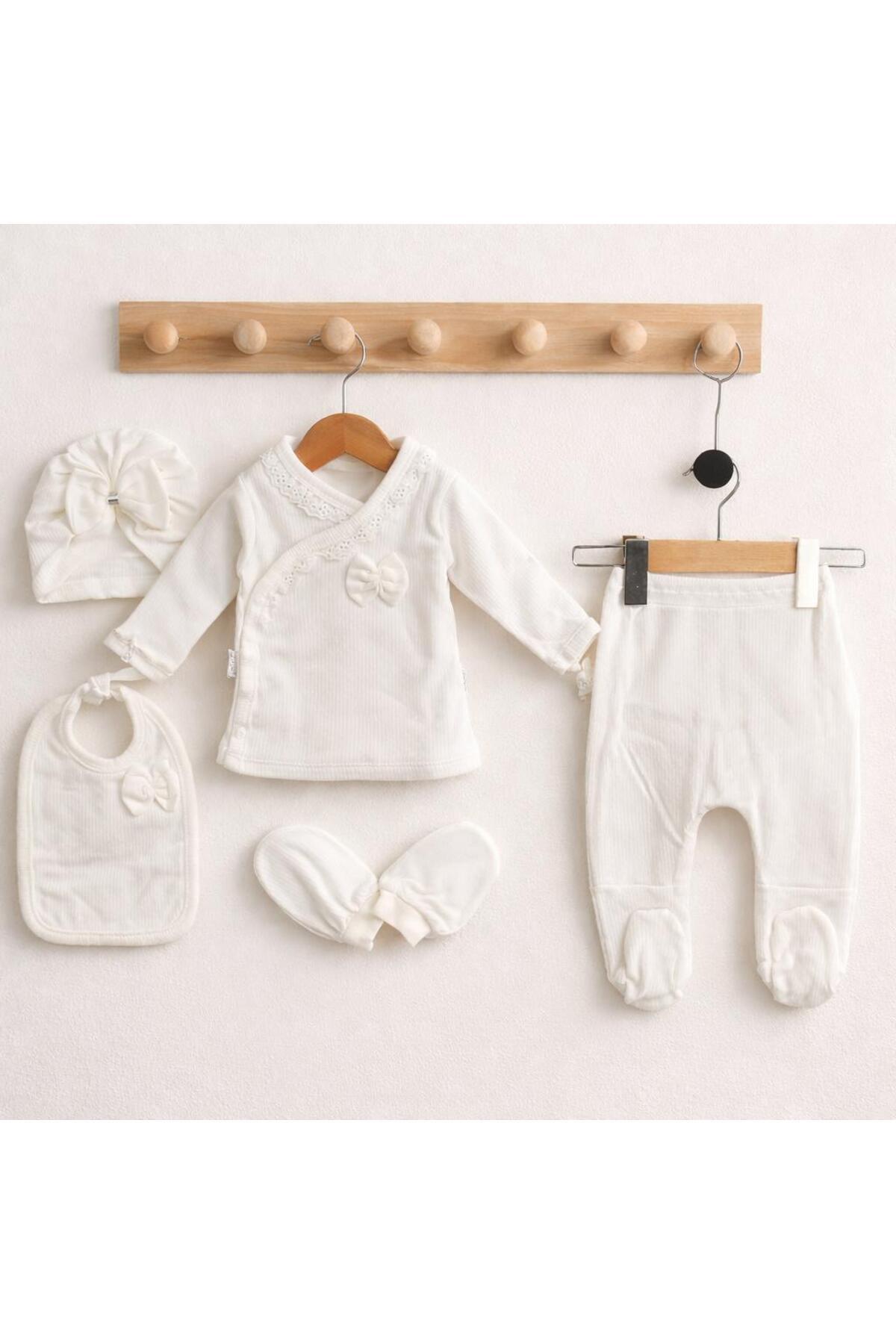 BYS BABY FASHION Mevsimlik %100 Pamuklu 5'li Fiyonklu Fistolu Yenidoğan Kız Bebek Hastane Çıkış Zıbın Seti Kutulu fotoğrafı 3 (önizleme)
