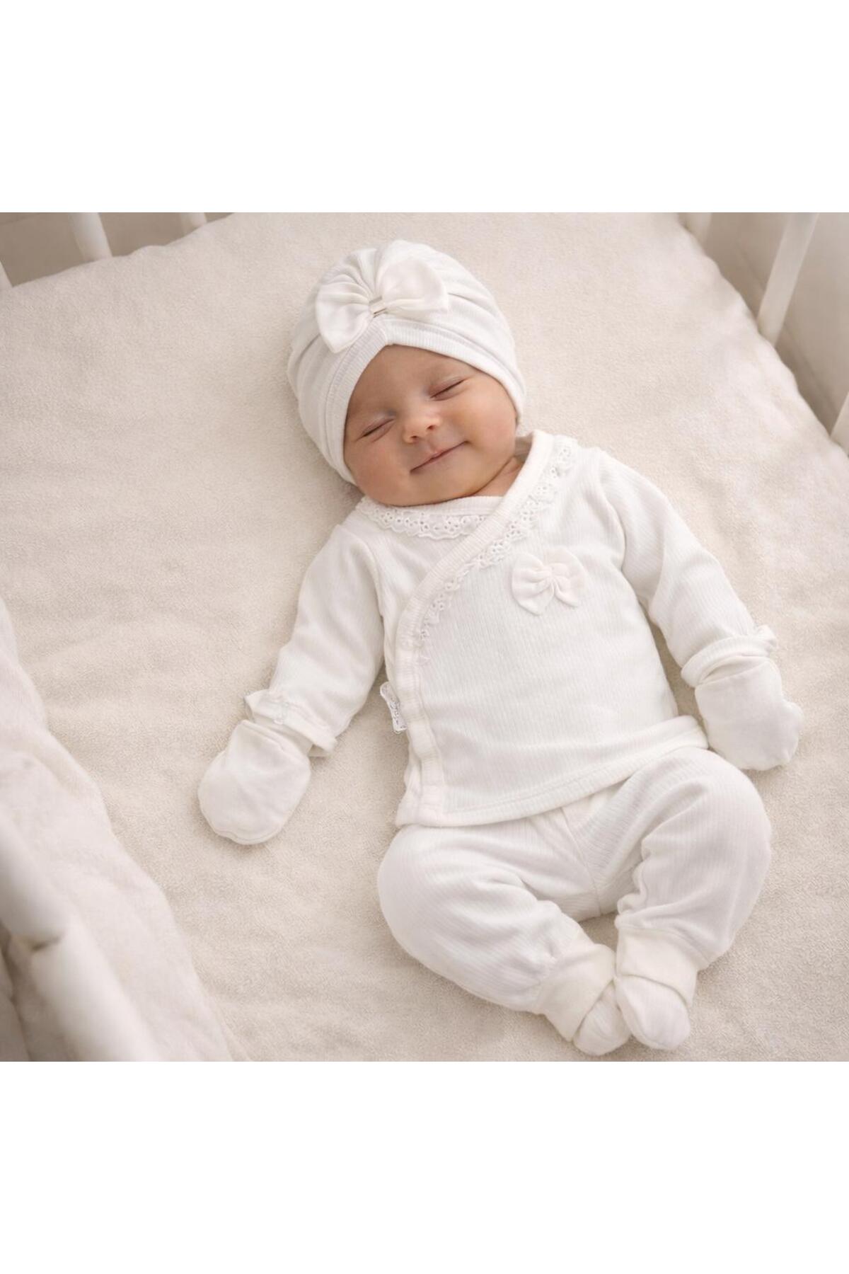BYS BABY FASHION Mevsimlik %100 Pamuklu 5'li Fiyonklu Fistolu Yenidoğan Kız Bebek Hastane Çıkış Zıbın Seti Kutulu fotoğrafı 5 (önizleme)