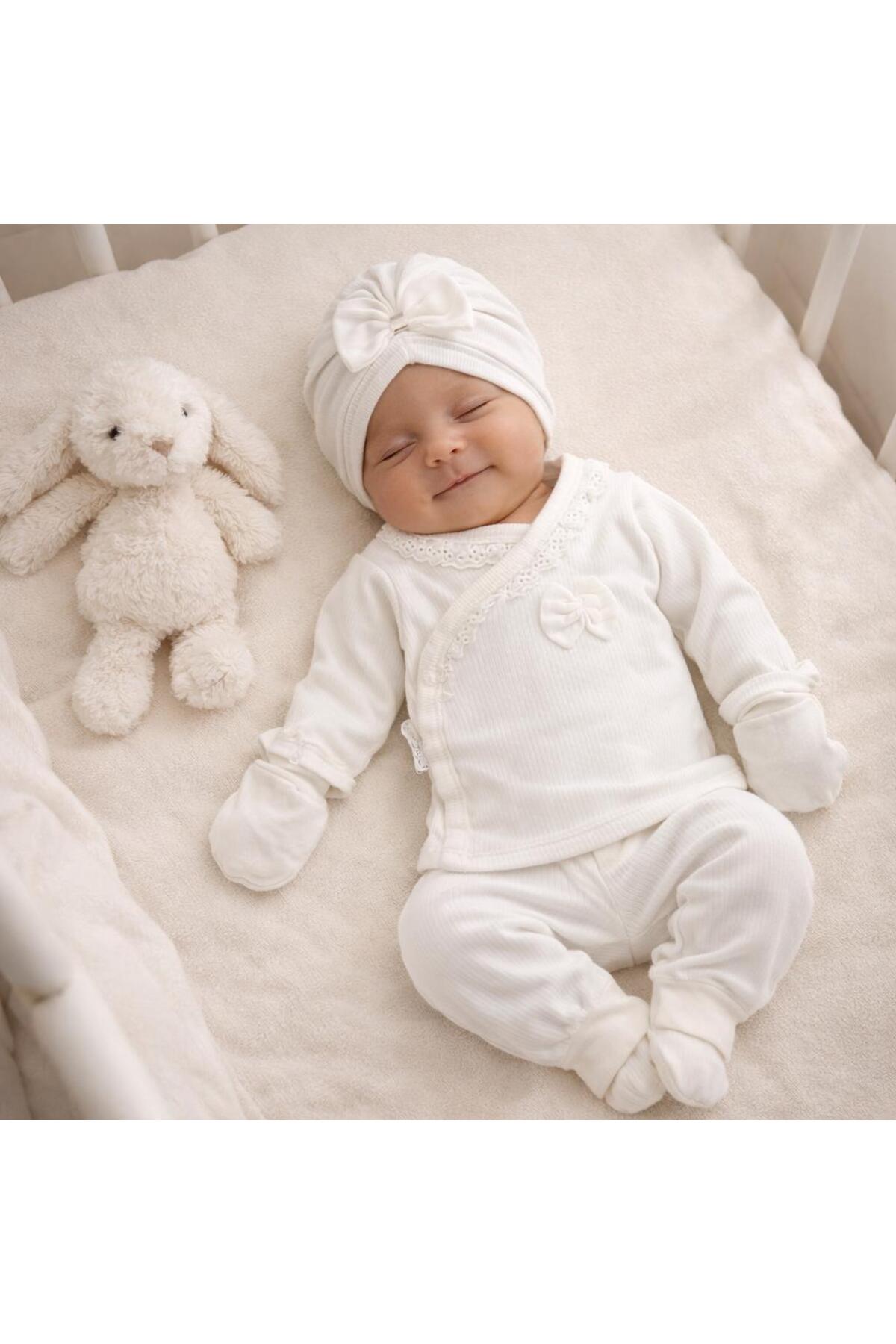 BYS BABY FASHION Mevsimlik %100 Pamuklu 5'li Fiyonklu Fistolu Yenidoğan Kız Bebek Hastane Çıkış Zıbın Seti Kutulu fotoğrafı 2 (önizleme)