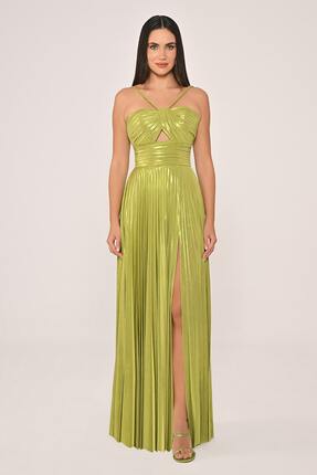 ALFABETA KADIN ABİYE ASKILI YIRTMAÇLI PARLAK ŞİFON UZUN ELBİSE